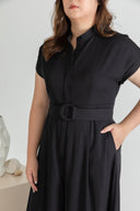 Front Button Mandarin Collar Wide Leg Jumpsuit (Black)