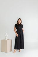 Front Button Mandarin Collar Wide Leg Jumpsuit (Black)