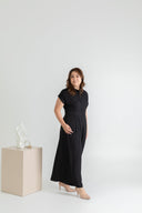 Front Button Mandarin Collar Wide Leg Jumpsuit (Black)