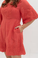Embroidery Eyelet Romper with Kimono Sleeves (Golden Orange)