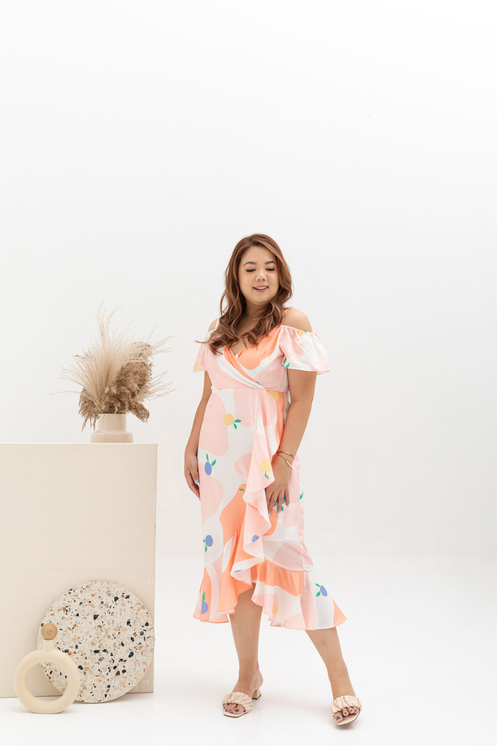 Cold Shoulder Side Ruffles Dress (édition limitée print - Sherbert Orange)