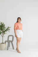 Embroidered Gingham 3/4 Sleeves Top (Peach)