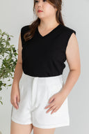 Iron-Free V Neck Shoulder Pad Tank Top (Black)