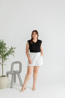 Iron-Free V Neck Shoulder Pad Tank Top (Black)