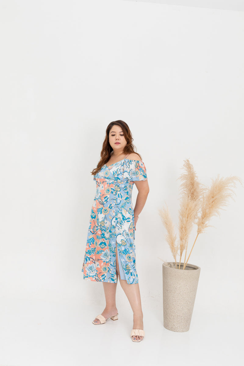 Cold Shoulder Side Slit Button Dress (Batik)