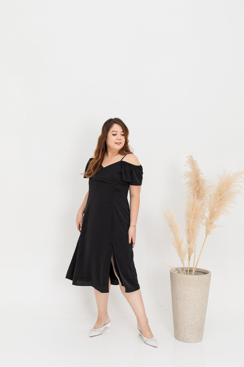 Cold Shoulder Side Slit Button Dress (Black)