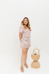 (Co-ord) Linen Boxy Cropped Collared Top in Pink Florals