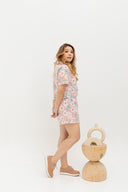 (Co-ord) Linen Boxy Cropped Collared Top in Pink Florals