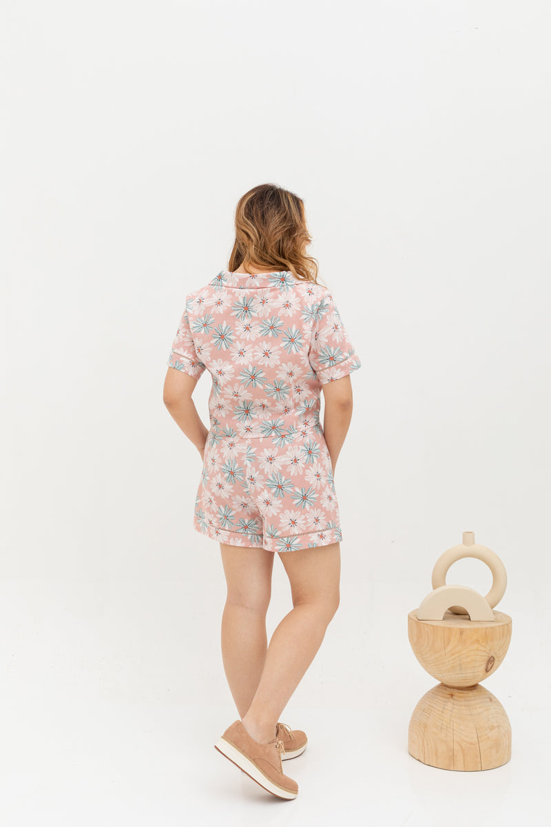 (Co-ord) Linen Boxy Cropped Collared Top in Pink Florals