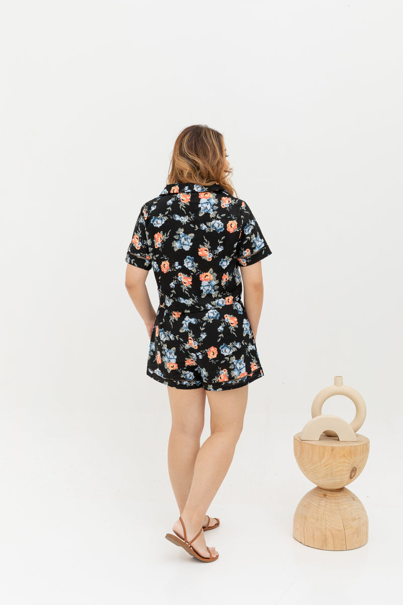 (Co-ord) Linen Shorts in Black Florals