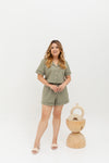 (Co-ord) Linen Boxy Cropped Collared Top in Olive