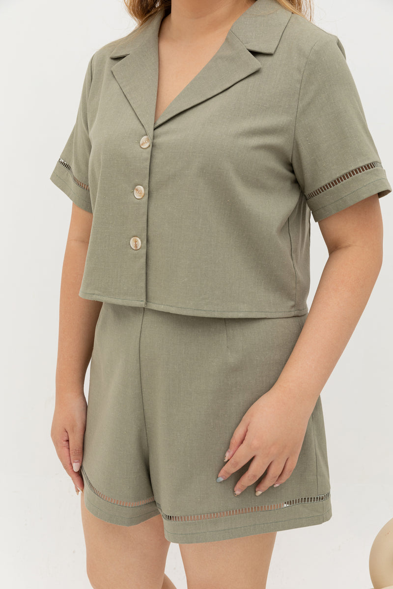 (Co-ord) Linen Boxy Cropped Collared Top in Olive
