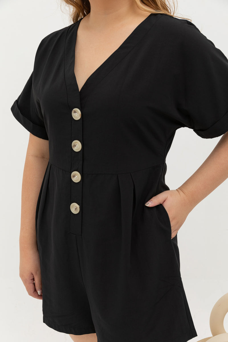 Tortoise Shell Button Romper  (Black)