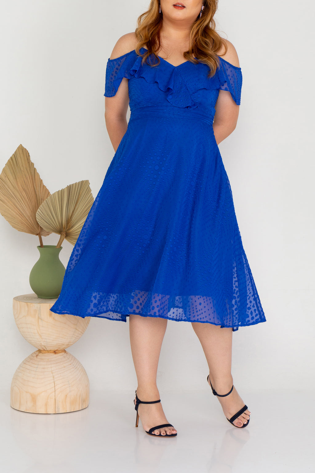 Cold Shoulder Gathered Waist Dress - (Royal Blue)