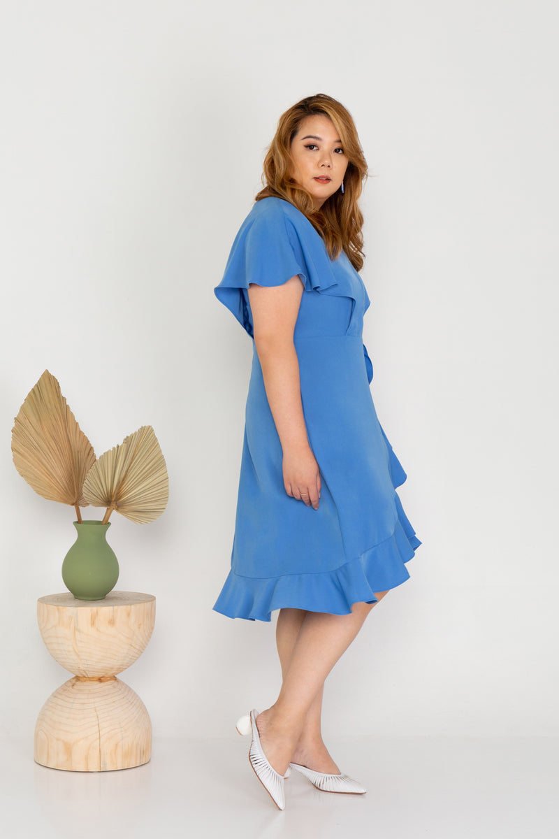 Flutter Sleeves Wrap Dress - (Blue)