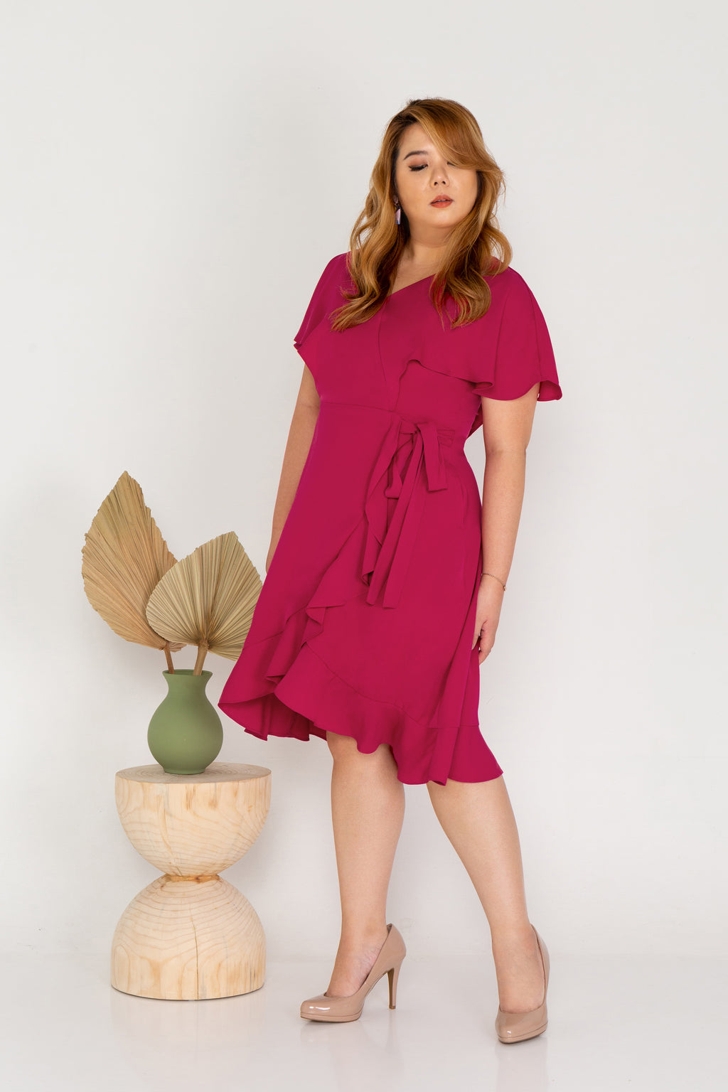 Flutter Sleeves Wrap Dress - (Plum Red)