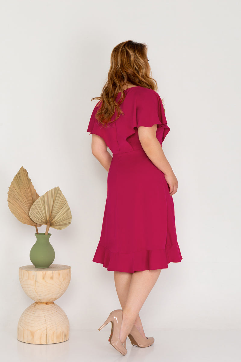 Flutter Sleeves Wrap Dress - (Plum Red)