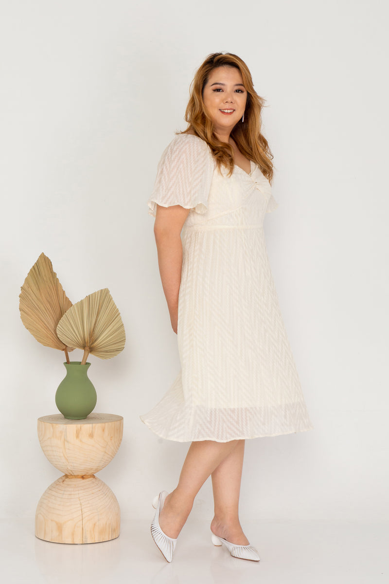 Pleated Textured Dress (Creme)